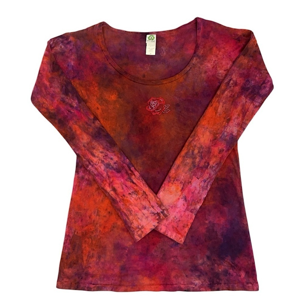 Y2k Earthy Tie-dye Embellished Rose Detail Longsleeve Shirt XL
